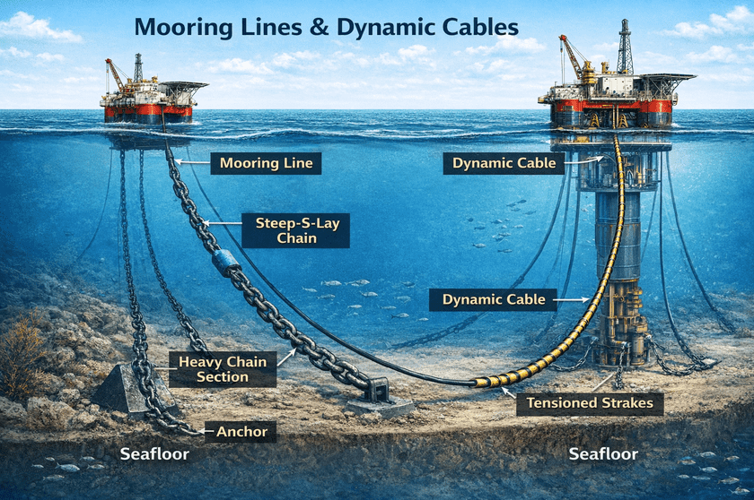 floating offshore wind mooring system and dynamic cables