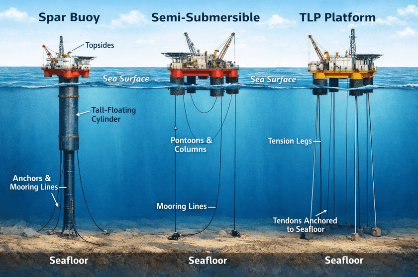 types of floating offshore wind platforms diagram