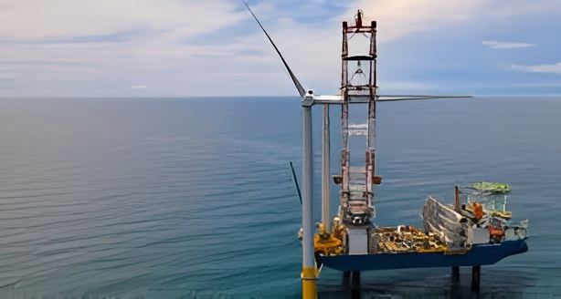 Offshore wind turbine foundation installed in federal waters for the Coastal Virginia Offshore Wind project.