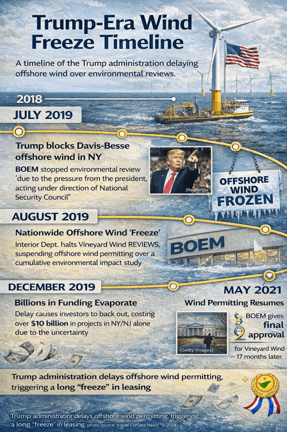 Timeline showing Trump-era wind energy freeze and subsequent court ruling
