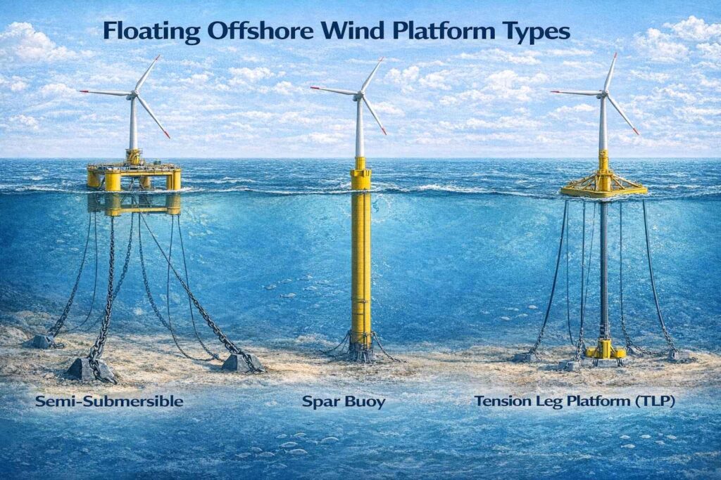 Types of floating offshore wind platforms including semi-submersible, spar buoy, and TLP designs
