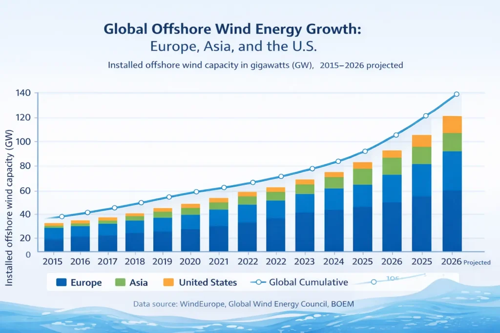 Stacked bar graph showing offshore wind energy growth by region Europe, Asia, and the United States from 2010–2025