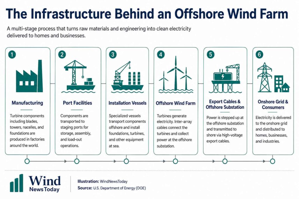 Offshore wind infrastructure infographic showing manufacturing, ports, installation vessels, offshore wind farms, export cables, and the electricity grid.