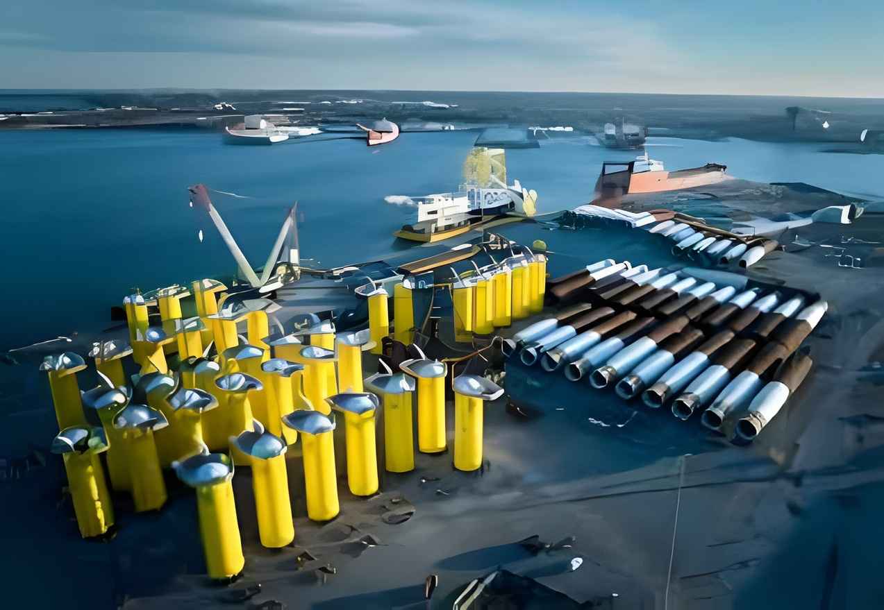 Offshore wind infrastructure including port facilities, installation vessels, and turbine components.