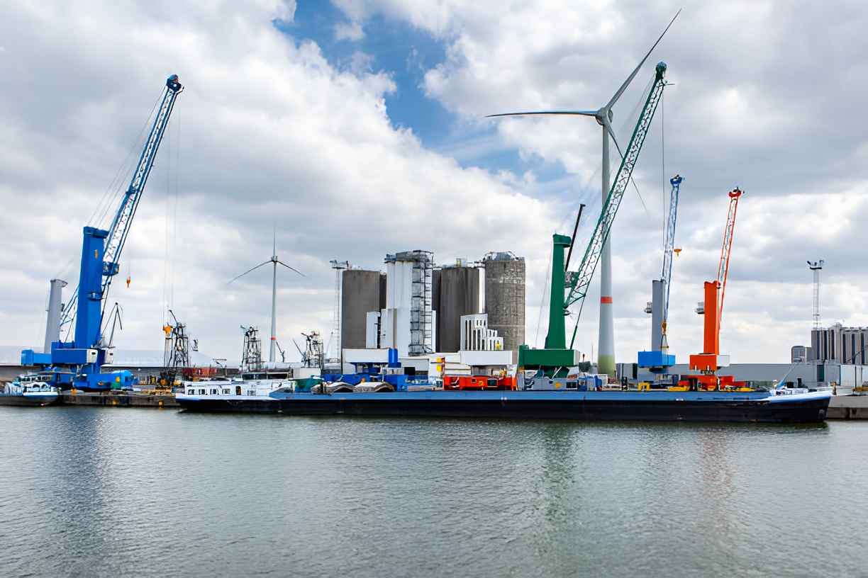 Offshore wind project under construction with installation vessel and wind turbines.