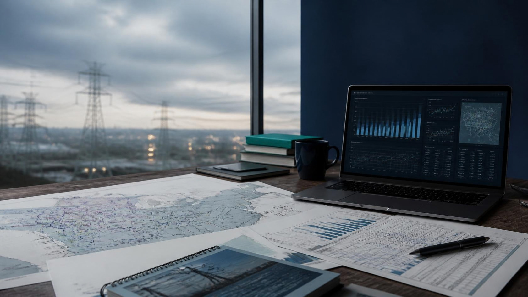 Energy research workspace with electricity grid maps, data charts and transmission infrastructure