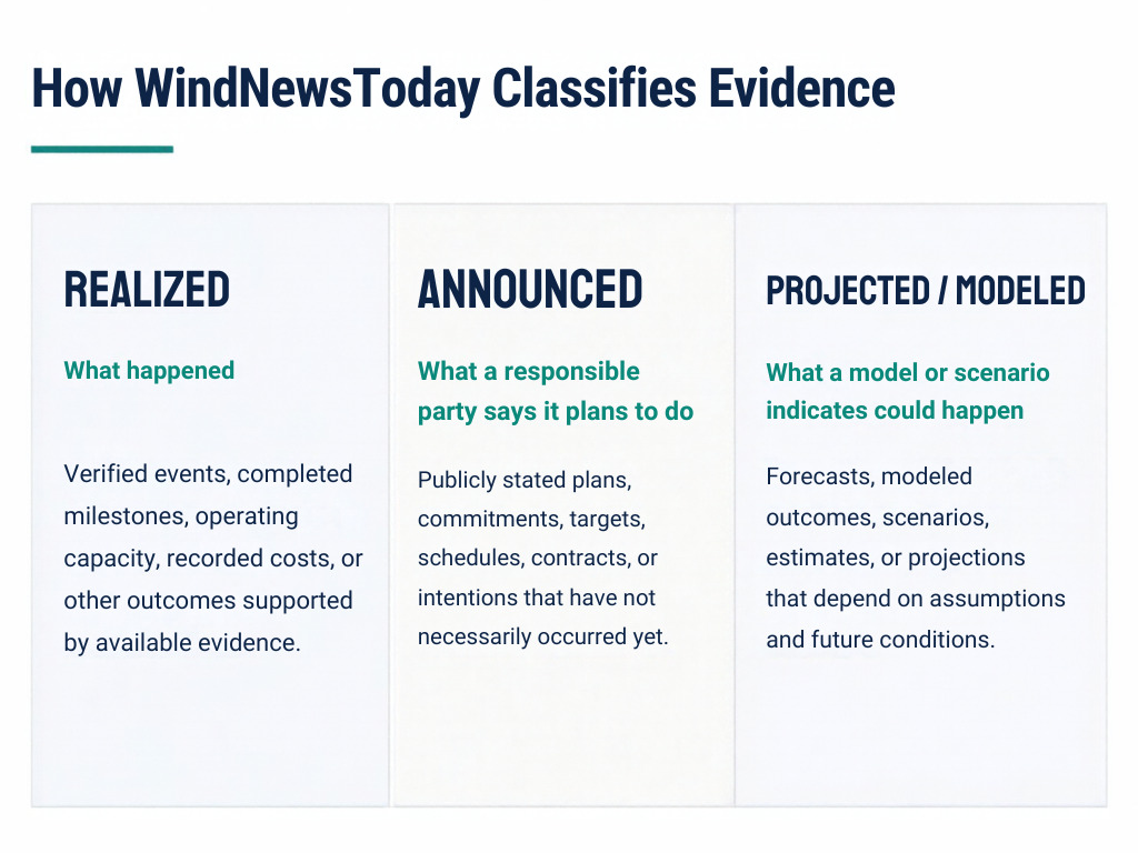 WindNewsToday methodology distinguishes realized outcomes, announced plans, and projected or modeled results